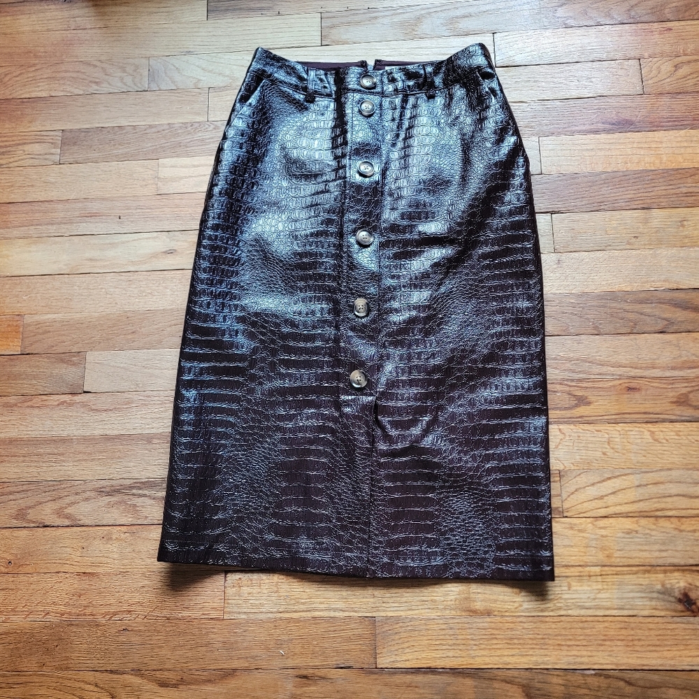 Brown  Textured Button-Down Skirt